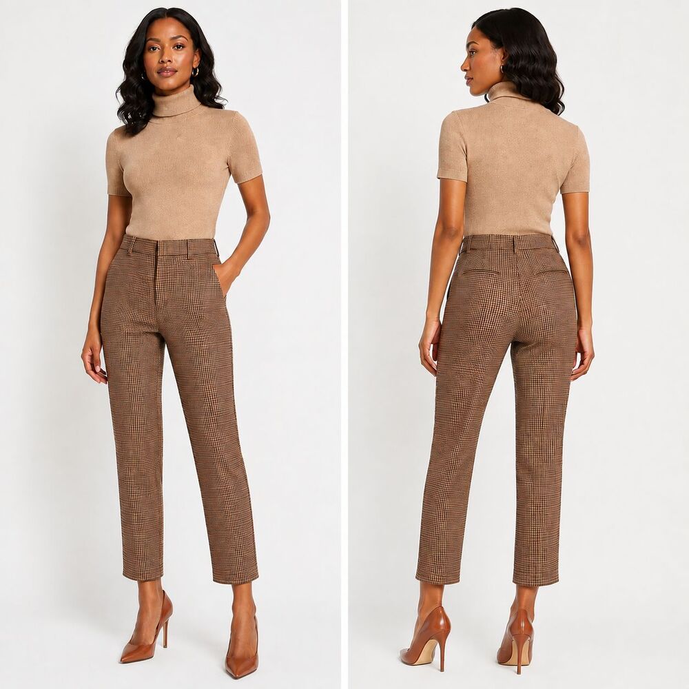 L'AGENCE Women's Size 0 Houndstooth Plaid Pants Brown Rust Stretch Trousers